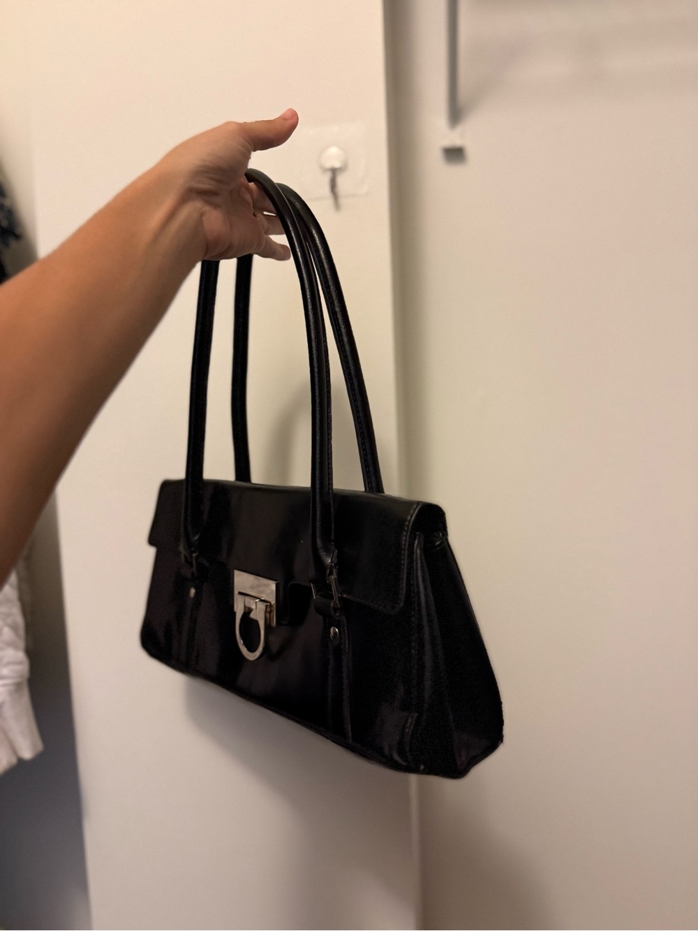 Black Leather Shoulder Bag with Silver Hardware